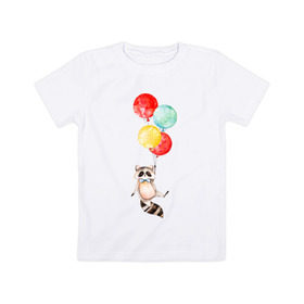 Детская футболка хлопок с принтом Енот в Курске, 100% хлопок | круглый вырез горловины, полуприлегающий силуэт, длина до линии бедер | акварель | бабочка | воздушный | иллюстрация | илюстрация | полет | рисунок | шарик