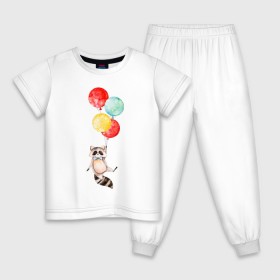 Детская пижама хлопок с принтом Енот в Курске, 100% хлопок |  брюки и футболка прямого кроя, без карманов, на брюках мягкая резинка на поясе и по низу штанин
 | Тематика изображения на принте: акварель | бабочка | воздушный | иллюстрация | илюстрация | полет | рисунок | шарик