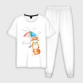 Мужская пижама хлопок с принтом Лис в Курске, 100% хлопок | брюки и футболка прямого кроя, без карманов, на брюках мягкая резинка на поясе и по низу штанин
 | Тематика изображения на принте: акварель | зонт | иллюстрация | облака