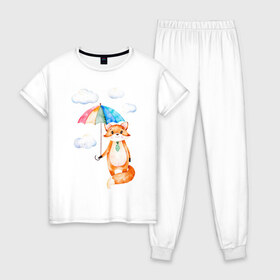 Женская пижама хлопок с принтом Лис в Курске, 100% хлопок | брюки и футболка прямого кроя, без карманов, на брюках мягкая резинка на поясе и по низу штанин | акварель | зонт | иллюстрация | облака