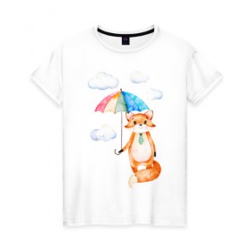 Женская футболка хлопок с принтом Лис в Курске, 100% хлопок | прямой крой, круглый вырез горловины, длина до линии бедер, слегка спущенное плечо | акварель | зонт | иллюстрация | облака