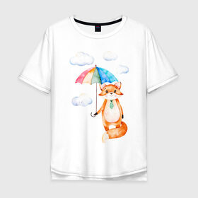 Мужская футболка хлопок Oversize с принтом Лис в Курске, 100% хлопок | свободный крой, круглый ворот, “спинка” длиннее передней части | Тематика изображения на принте: акварель | зонт | иллюстрация | облака