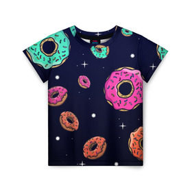 Детская футболка 3D с принтом Black Milk Космические Пончики в Курске, 100% гипоаллергенный полиэфир | прямой крой, круглый вырез горловины, длина до линии бедер, чуть спущенное плечо, ткань немного тянется | black milk | donut | donuts | space | the simpsons | trend | глазурь | дизайн | еда | звезда | звёзды | космос | мода | пончик | симпсоны | симсоны | сладкий | стиль | тренд | узор