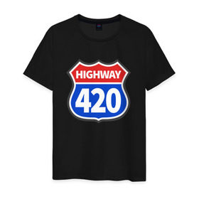 Мужская футболка хлопок с принтом HIGHWAY 420 в Курске, 100% хлопок | прямой крой, круглый вырез горловины, длина до линии бедер, слегка спущенное плечо. | Тематика изображения на принте: 420 | bob marley | bong | buds | high way | highway | joint | smoke | weed | боб марли | бонг | бошки | джоинт | косяк