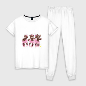 Женская пижама хлопок с принтом Балерины в Курске, 100% хлопок | брюки и футболка прямого кроя, без карманов, на брюках мягкая резинка на поясе и по низу штанин | акварель | игрушка | медведь | пачка | плюшевый | пуанты | рисунок | розовый | сердце | теди