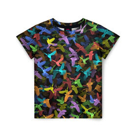Детская футболка 3D с принтом Разноцветные птички в Курске, 100% гипоаллергенный полиэфир | прямой крой, круглый вырез горловины, длина до линии бедер, чуть спущенное плечо, ткань немного тянется | ворбьи | куча | паттерн | птица | птицы | радуга | радужный | синцы | стая | текстура