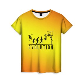 Женская футболка 3D с принтом Эволюция баскетбола в Курске, 100% полиэфир ( синтетическое хлопкоподобное полотно) | прямой крой, круглый вырез горловины, длина до линии бедер | Тематика изображения на принте: basketball | evolution | желтый | обезьяна человек | оранжевый | эволюция