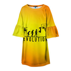 Детское платье 3D с принтом Эволюция баскетбола в Курске, 100% полиэстер | прямой силуэт, чуть расширенный к низу. Круглая горловина, на рукавах — воланы | Тематика изображения на принте: basketball | evolution | желтый | обезьяна человек | оранжевый | эволюция