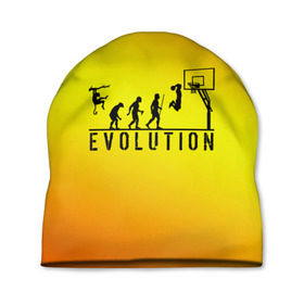 Шапка 3D с принтом Эволюция баскетбола в Курске, 100% полиэстер | универсальный размер, печать по всей поверхности изделия | Тематика изображения на принте: basketball | evolution | желтый | обезьяна человек | оранжевый | эволюция
