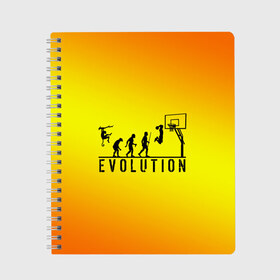 Тетрадь с принтом Эволюция баскетбола в Курске, 100% бумага | 48 листов, плотность листов — 60 г/м2, плотность картонной обложки — 250 г/м2. Листы скреплены сбоку удобной пружинной спиралью. Уголки страниц и обложки скругленные. Цвет линий — светло-серый
 | Тематика изображения на принте: basketball | evolution | желтый | обезьяна человек | оранжевый | эволюция