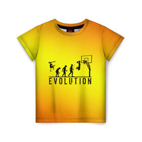 Детская футболка 3D с принтом Эволюция баскетбола в Курске, 100% гипоаллергенный полиэфир | прямой крой, круглый вырез горловины, длина до линии бедер, чуть спущенное плечо, ткань немного тянется | Тематика изображения на принте: basketball | evolution | желтый | обезьяна человек | оранжевый | эволюция