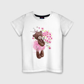 Детская футболка хлопок с принтом Цветы в Курске, 100% хлопок | круглый вырез горловины, полуприлегающий силуэт, длина до линии бедер | акварель | балерина | девочка | игрушка | медведь | мило | мимими | пачка | плюшевый | рисунок | розы | сердце | теди