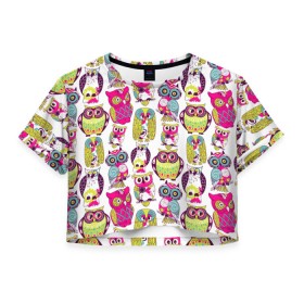 Женская футболка 3D укороченная с принтом Совы в Курске, 100% полиэстер | круглая горловина, длина футболки до линии талии, рукава с отворотами | Тематика изображения на принте: абстракция | паттерн | совы | цветные | яркие