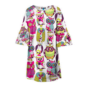 Детское платье 3D с принтом Совы в Курске, 100% полиэстер | прямой силуэт, чуть расширенный к низу. Круглая горловина, на рукавах — воланы | абстракция | паттерн | совы | цветные | яркие