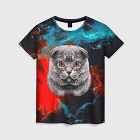 Женская футболка 3D с принтом Космический кот в Курске, 100% полиэфир ( синтетическое хлопкоподобное полотно) | прямой крой, круглый вырез горловины, длина до линии бедер | 3d | cat | арт | взгляд | кот | кот хипстер | котёнок | котятки | котятушки | кошечки | кошка | мордочка