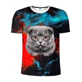 Мужская футболка 3D спортивная с принтом Космический кот в Курске, 100% полиэстер с улучшенными характеристиками | приталенный силуэт, круглая горловина, широкие плечи, сужается к линии бедра | 3d | cat | арт | взгляд | кот | кот хипстер | котёнок | котятки | котятушки | кошечки | кошка | мордочка