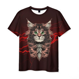 Мужская футболка 3D с принтом Electro cat в Курске, 100% полиэфир | прямой крой, круглый вырез горловины, длина до линии бедер | cat | взгляд | кот | кот хипстер | котёнок | котятки | кошка | молния | мордочка | разряд | электричество