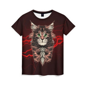 Женская футболка 3D с принтом Electro cat в Курске, 100% полиэфир ( синтетическое хлопкоподобное полотно) | прямой крой, круглый вырез горловины, длина до линии бедер | cat | взгляд | кот | кот хипстер | котёнок | котятки | кошка | молния | мордочка | разряд | электричество