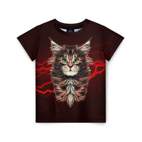 Детская футболка 3D с принтом Electro cat в Курске, 100% гипоаллергенный полиэфир | прямой крой, круглый вырез горловины, длина до линии бедер, чуть спущенное плечо, ткань немного тянется | cat | взгляд | кот | кот хипстер | котёнок | котятки | кошка | молния | мордочка | разряд | электричество