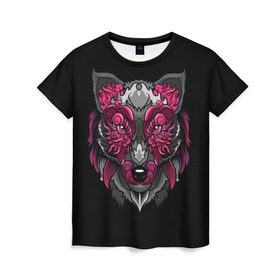 Женская футболка 3D с принтом Волк в Курске, 100% полиэфир ( синтетическое хлопкоподобное полотно) | прямой крой, круглый вырез горловины, длина до линии бедер | wolf | арт | взгляд | графика | живопись | лис | лиса | рисунок | розовый | тотем | хищник
