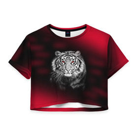 Женская футболка 3D укороченная с принтом Тигр красные глаза в Курске, 100% полиэстер | круглая горловина, длина футболки до линии талии, рукава с отворотами |  хищник | багровый | большая кошка | глаза. красные | красный | кровавый | тигр