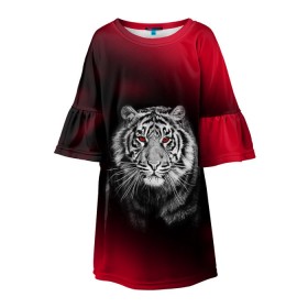 Детское платье 3D с принтом Тигр красные глаза в Курске, 100% полиэстер | прямой силуэт, чуть расширенный к низу. Круглая горловина, на рукавах — воланы | Тематика изображения на принте:  хищник | багровый | большая кошка | глаза. красные | красный | кровавый | тигр