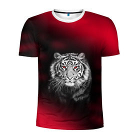 Мужская футболка 3D спортивная с принтом Тигр красные глаза в Курске, 100% полиэстер с улучшенными характеристиками | приталенный силуэт, круглая горловина, широкие плечи, сужается к линии бедра |  хищник | багровый | большая кошка | глаза. красные | красный | кровавый | тигр