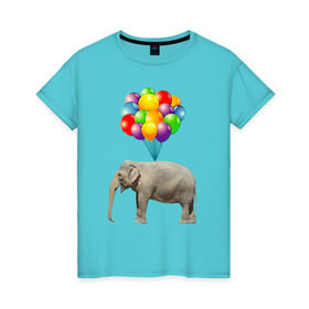Женская футболка хлопок с принтом Воздушный слоник в Курске, 100% хлопок | прямой крой, круглый вырез горловины, длина до линии бедер, слегка спущенное плечо | арт | животные | слон | шарики