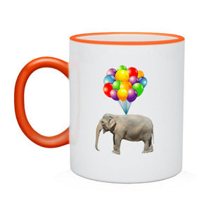Кружка двухцветная с принтом Воздушный слоник в Курске, керамика | объем — 330 мл, диаметр — 80 мм. Цветная ручка и кайма сверху, в некоторых цветах — вся внутренняя часть | арт | животные | слон | шарики