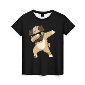 Женская футболка 3D с принтом Dog dab в Курске, 100% полиэфир ( синтетическое хлопкоподобное полотно) | прямой крой, круглый вырез горловины, длина до линии бедер | арт | животное | мопс | музыка | собака