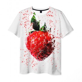 Мужская футболка 3D с принтом Клубника в Курске, 100% полиэфир | прямой крой, круглый вырез горловины, длина до линии бедер | брызги | земляника | клубника | краски | красный | природа | рисунок | фрукты