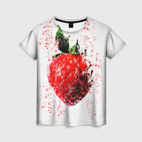 Женская футболка 3D с принтом Клубника в Курске, 100% полиэфир ( синтетическое хлопкоподобное полотно) | прямой крой, круглый вырез горловины, длина до линии бедер | брызги | земляника | клубника | краски | красный | природа | рисунок | фрукты