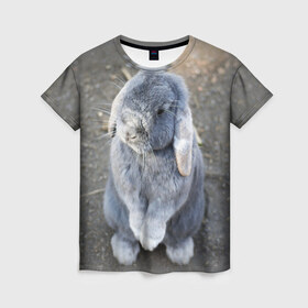 Женская футболка 3D с принтом Кролик в Курске, 100% полиэфир ( синтетическое хлопкоподобное полотно) | прямой крой, круглый вырез горловины, длина до линии бедер | грызун | животные | заяц | кролик | мордочка | природа | пушистый | уши