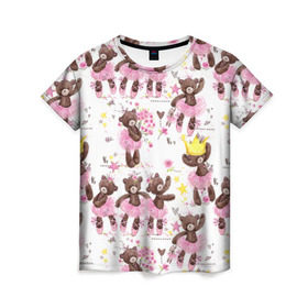 Женская футболка 3D с принтом Плюшевые мишки в Курске, 100% полиэфир ( синтетическое хлопкоподобное полотно) | прямой крой, круглый вырез горловины, длина до линии бедер | акварель | балерина | медведи | пачка | пуанты | рисунок | розовый | теди | цветы