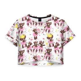 Женская футболка 3D укороченная с принтом Плюшевые мишки в Курске, 100% полиэстер | круглая горловина, длина футболки до линии талии, рукава с отворотами | акварель | балерина | медведи | пачка | пуанты | рисунок | розовый | теди | цветы