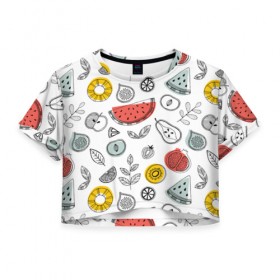 Женская футболка 3D укороченная с принтом Летний микс в Курске, 100% полиэстер | круглая горловина, длина футболки до линии талии, рукава с отворотами | ананас | апельсин | арбуз | груша | еда | клубника | лето | листья | минимализм | персик | раскраска | фрукты | ягоды
