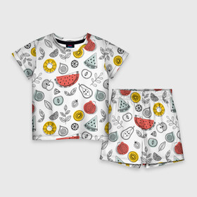 Детский костюм с шортами 3D с принтом Летний микс в Курске,  |  | Тематика изображения на принте: ананас | апельсин | арбуз | груша | еда | клубника | лето | листья | минимализм | персик | раскраска | фрукты | ягоды