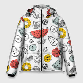 Мужская зимняя куртка 3D с принтом Летний микс в Курске, верх — 100% полиэстер; подкладка — 100% полиэстер; утеплитель — 100% полиэстер | длина ниже бедра, свободный силуэт Оверсайз. Есть воротник-стойка, отстегивающийся капюшон и ветрозащитная планка. 

Боковые карманы с листочкой на кнопках и внутренний карман на молнии. | Тематика изображения на принте: ананас | апельсин | арбуз | груша | еда | клубника | лето | листья | минимализм | персик | раскраска | фрукты | ягоды