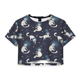 Женская футболка 3D укороченная с принтом Космокотики в Курске, 100% полиэстер | круглая горловина, длина футболки до линии талии, рукава с отворотами | звёзды | космос | кот | котик | кошка | паттерн | скафандр