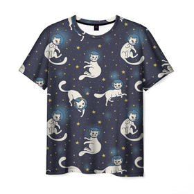 Мужская футболка 3D с принтом Космокотики в Курске, 100% полиэфир | прямой крой, круглый вырез горловины, длина до линии бедер | звёзды | космос | кот | котик | кошка | паттерн | скафандр