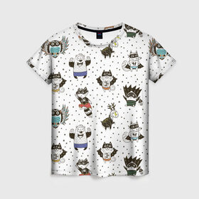 Женская футболка 3D с принтом Лесные супергерои в Курске, 100% полиэфир ( синтетическое хлопкоподобное полотно) | прямой крой, круглый вырез горловины, длина до линии бедер | енот | лес | лис | лось | медведь | паттерн | сова