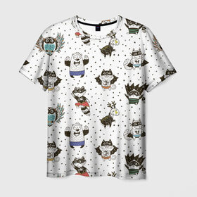 Мужская футболка 3D с принтом Лесные супергерои в Курске, 100% полиэфир | прямой крой, круглый вырез горловины, длина до линии бедер | Тематика изображения на принте: енот | лес | лис | лось | медведь | паттерн | сова