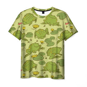 Мужская футболка 3D с принтом Лягухи в Курске, 100% полиэфир | прямой крой, круглый вырез горловины, длина до линии бедер | болото | жабы | квакухи | кувшинки | лягушки | паттерн