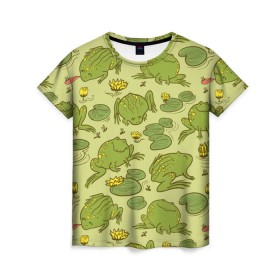 Женская футболка 3D с принтом Лягухи в Курске, 100% полиэфир ( синтетическое хлопкоподобное полотно) | прямой крой, круглый вырез горловины, длина до линии бедер | болото | жабы | квакухи | кувшинки | лягушки | паттерн
