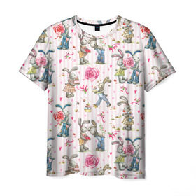 Мужская футболка 3D с принтом Кролики в Курске, 100% полиэфир | прямой крой, круглый вырез горловины, длина до линии бедер | акварель | зайчиха | заяц | кролиха | кроль | любовь | подарок | полоска | рисунок | сердце