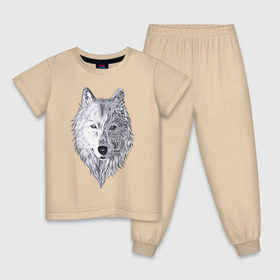 Детская пижама хлопок с принтом Рисованный волк в Курске, 100% хлопок |  брюки и футболка прямого кроя, без карманов, на брюках мягкая резинка на поясе и по низу штанин
 | арт | волки | графика | животные | узор | хищники | черно белые