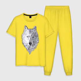 Мужская пижама хлопок с принтом Рисованный волк в Курске, 100% хлопок | брюки и футболка прямого кроя, без карманов, на брюках мягкая резинка на поясе и по низу штанин
 | арт | волки | графика | животные | узор | хищники | черно белые