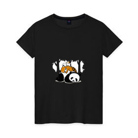 Женская футболка хлопок с принтом Зверушки спят в лесу в Курске, 100% хлопок | прямой крой, круглый вырез горловины, длина до линии бедер, слегка спущенное плечо | зайчик | заяц | милота | мишка | панда
