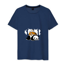 Мужская футболка хлопок с принтом Зверушки спят в лесу в Курске, 100% хлопок | прямой крой, круглый вырез горловины, длина до линии бедер, слегка спущенное плечо. | Тематика изображения на принте: зайчик | заяц | милота | мишка | панда