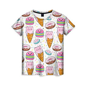 Женская футболка 3D с принтом Сладкие котики в Курске, 100% полиэфир ( синтетическое хлопкоподобное полотно) | прямой крой, круглый вырез горловины, длина до линии бедер | конфетти | котики | мороженое | пломбир | пончики | рожок